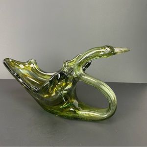 Sooner Glass Swan Green Art Glass Centerpiece Bowl 12” Basket USA Vintage